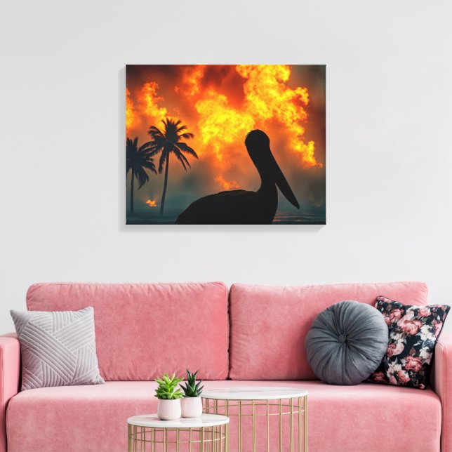 Silhouetted Pelican Watching a Wildfire Canvas Print (Insitu(LivingRoom))