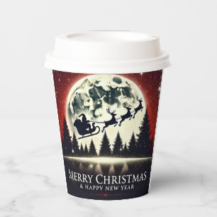 Silhouetted Santa and Reindeer Flying Paper Cups