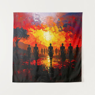 Silhouettes at Sunset: Fiery Horizon Walkers Tapestry