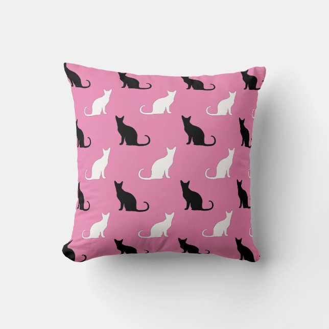 Silhouettes Of Black and White Cats On Pink Cushion (Front)