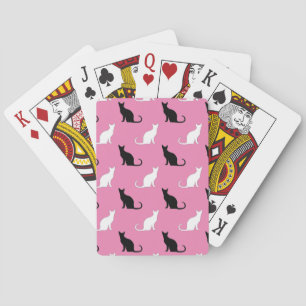 Silhouettes Of Black and White Cats On Pink Playing Cards