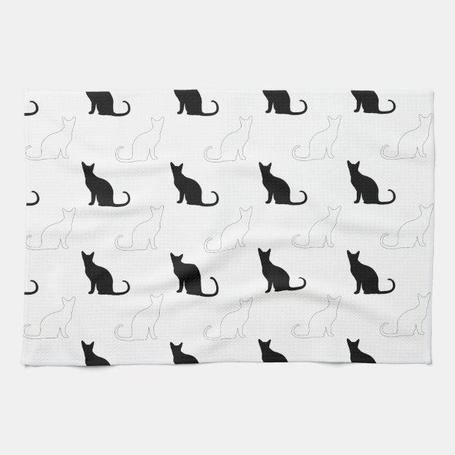 Silhouettes Of Black and White Cats Tea Towel (Horizontal)
