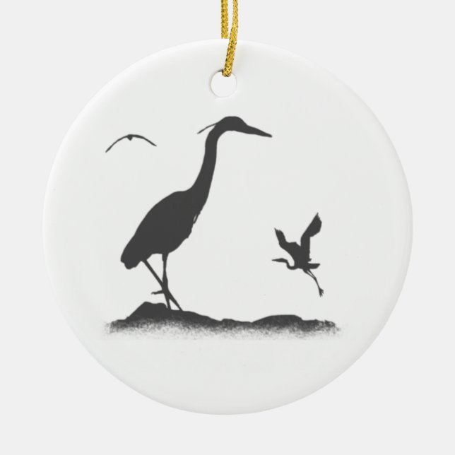Silhouettes of Great Blue Heron Ceramic Tree Decoration (Front)