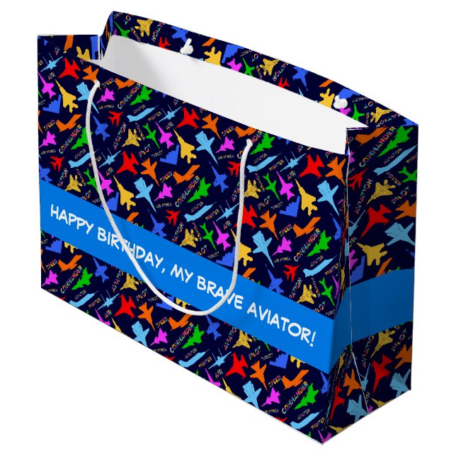 Silhouettes Of Military Aircrafts Pattern On Dark Large Gift Bag (Back Angled)