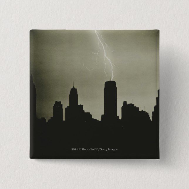 Silhouettes of skyscrapers and lightning in sky 15 cm square badge (Front)