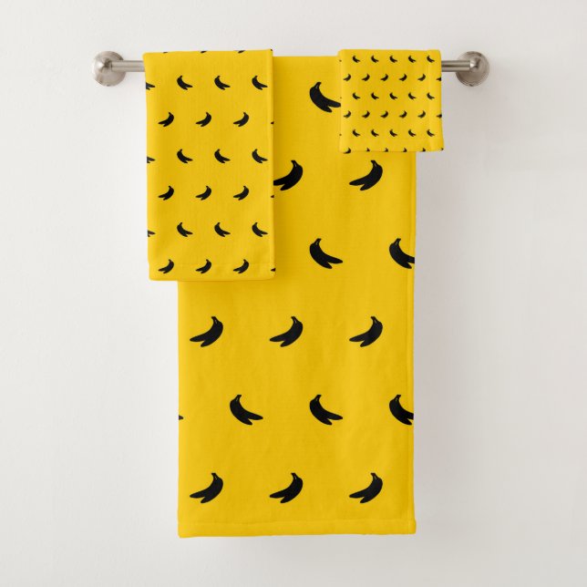 Silhouettes of Small Black Bananas on Yellow Bath Towel Set (Insitu)