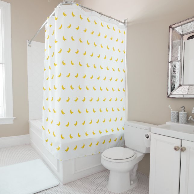 Silhouettes of Small Yellow Bananas on White Shower Curtain (In Situ)