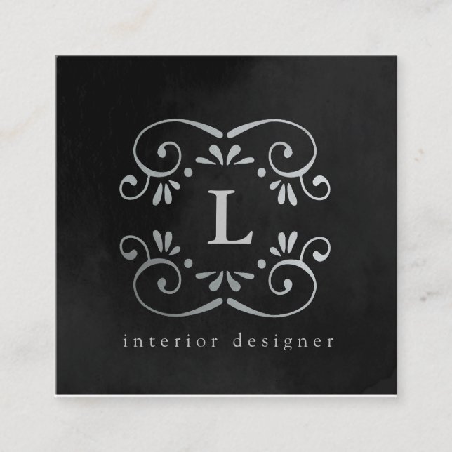 Silk black silver faux foil flourish monogram square business card (Front)