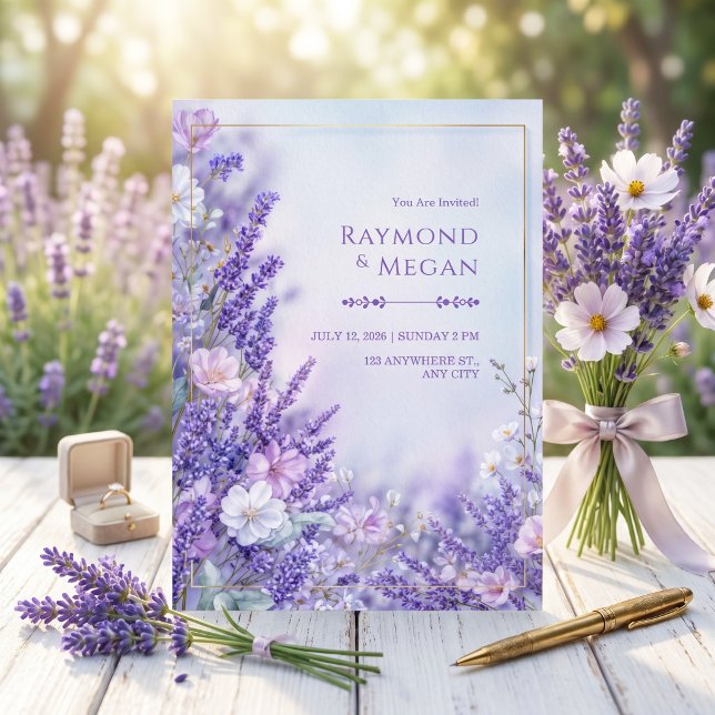 Silk Blossom Romantic Lavender Gold Frame Wedding Invitation (Creator Uploaded)