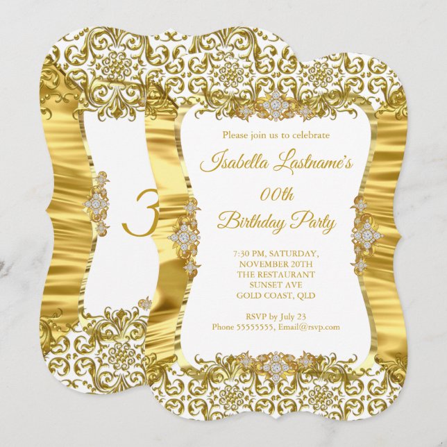 Silk Damask Gold White Diamond Birthday Party Invitation (Front/Back)