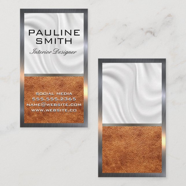 Silk Drapery | Brown Leather | Metal Border Business Card (Front/Back)