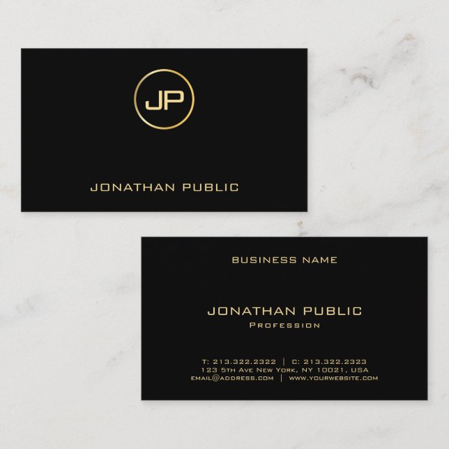 Silk Finish Elegant Black & Gold Modern Monogram Business Card (Front/Back)