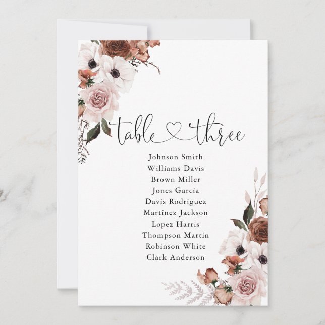 Silk Floral Table Number 1 Seating Chart (Front)
