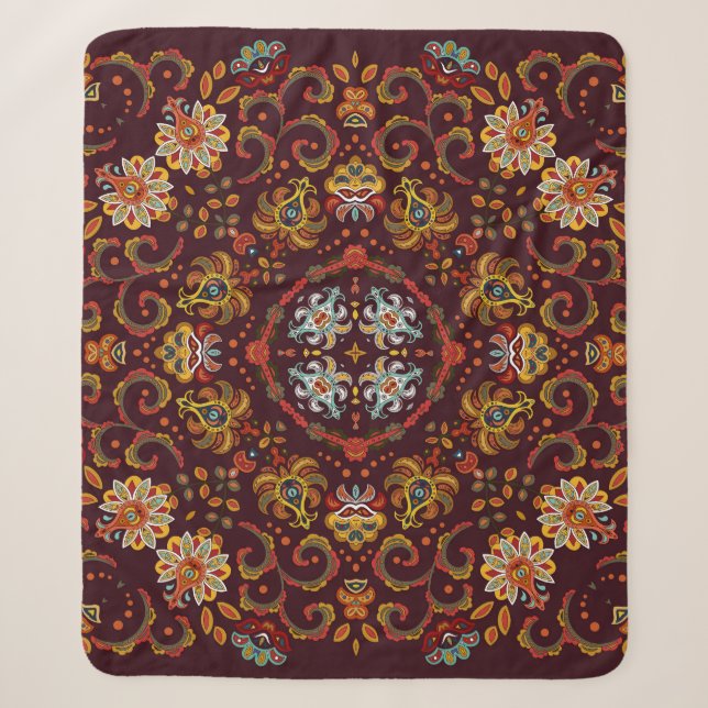 Silk neck scarf, eastern pattern sherpa blanket (Front)