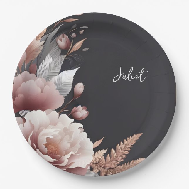 Silk Pink Boho Peony Dusty Rose Bridal Shower Paper Plate (Front)
