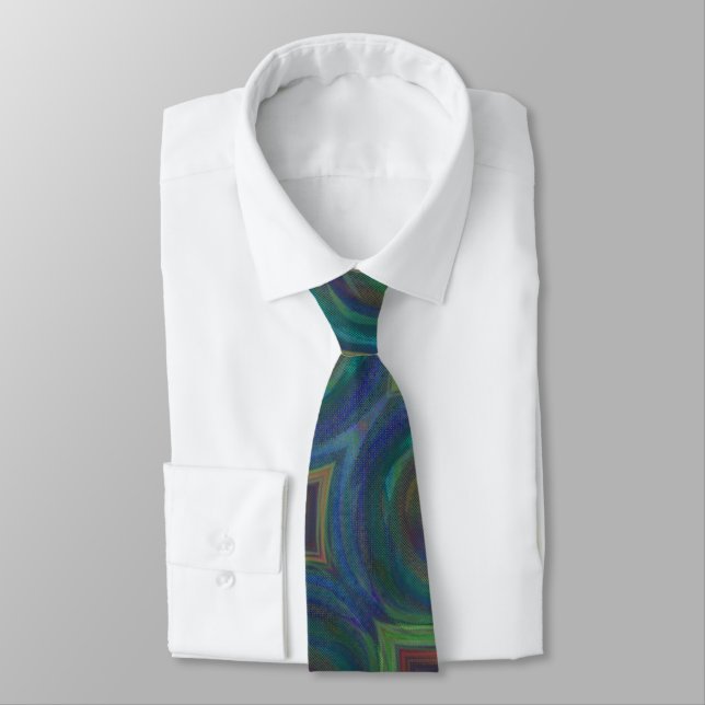 Silk Screened Peacock Abstract Neck Tie  (Tied)