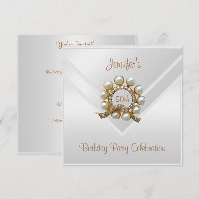 Silk White 50th Birthday Party Gold Pearl Jewel Invitation (Front/Back)
