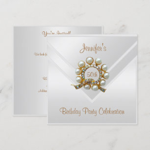 Silk White 50th Birthday Party Gold Pearl Jewel Invitation