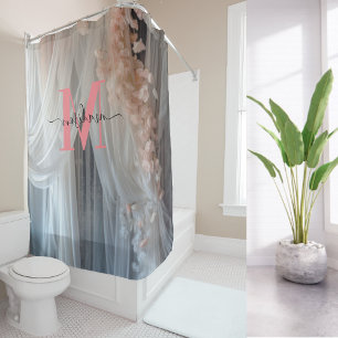 Silk White Pink Monogram Modern Script Wedding Shower Curtain