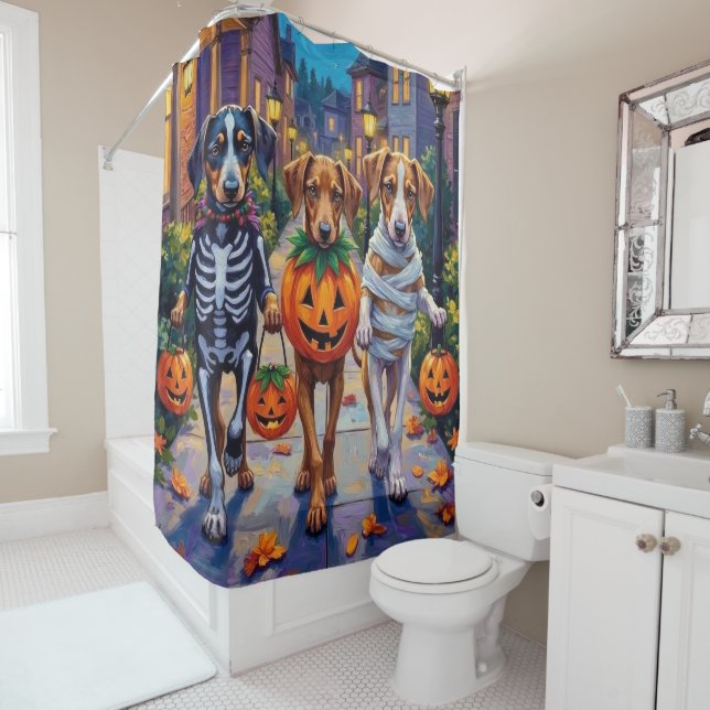 Silken Windhound Dogs in Halloween Costumes Shower Curtain (In Situ)