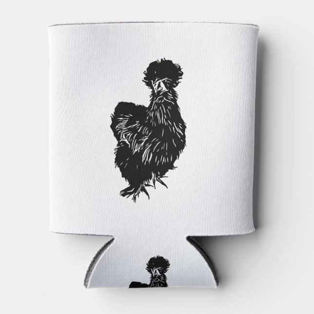 Silkie Bantam Chicken Line Art Drawing Can Cooler (Front)