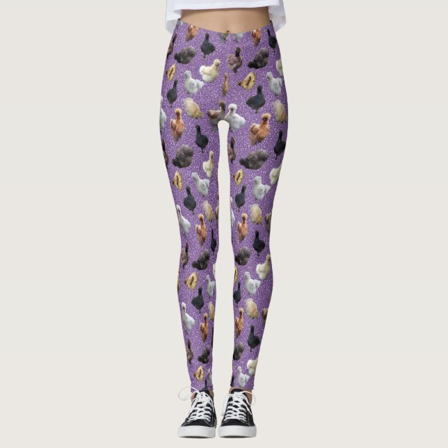 Silkie Bantam Chickens Faux Glitter Purple Leggings (Front)