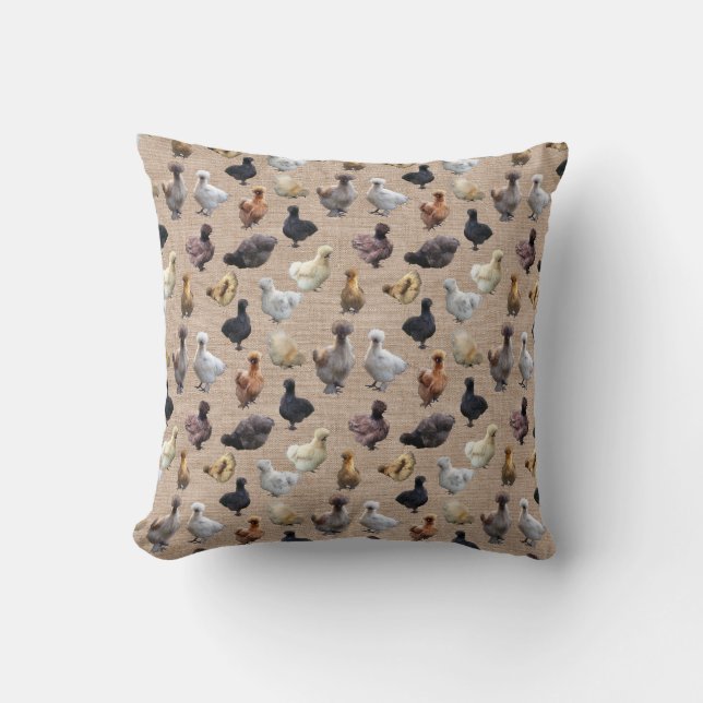 Silkie Bantam Chickens on Burlap Cushion (Front)