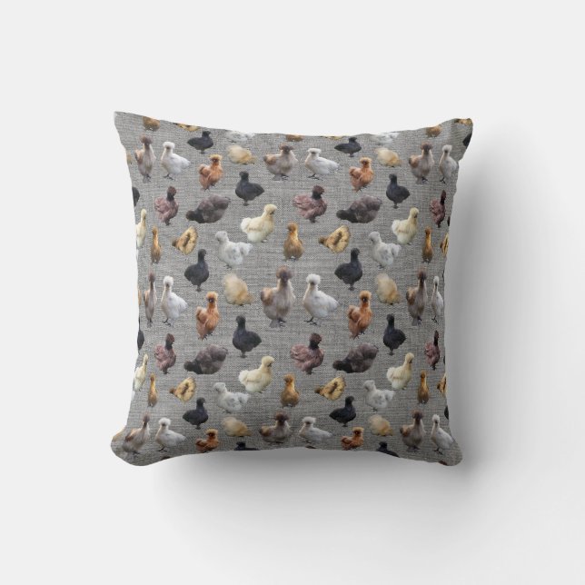 Silkie Bantam Chickens on Gray Burlap Cushion (Front)
