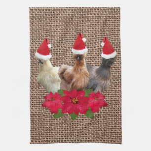 Silkie Bantam Christmas Chickens Santa Hats Burlap Tea Towel