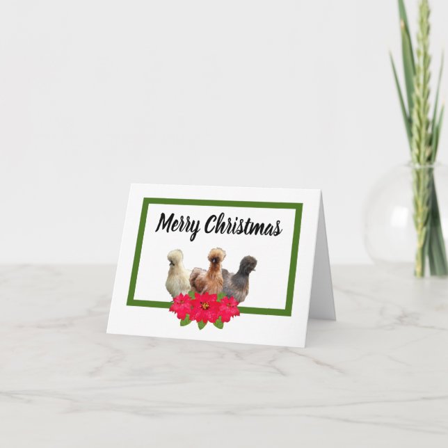 Silkie Bantam Merry Christmas Chicken Poinsettia Holiday Card (Front)