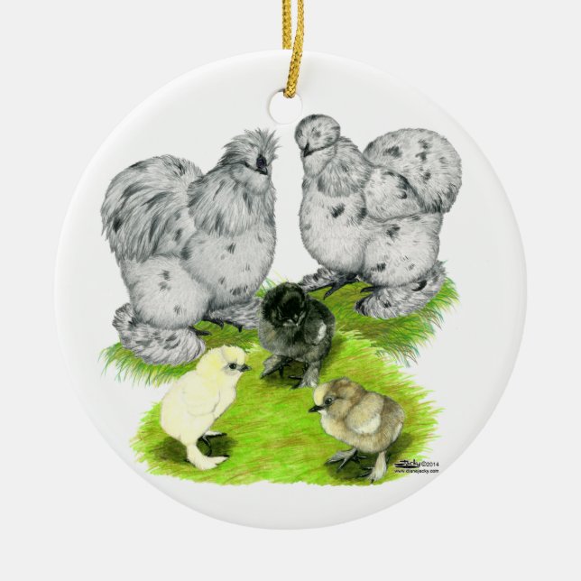 Silkie Bantam Splash Family Ceramic Tree Decoration (Front)
