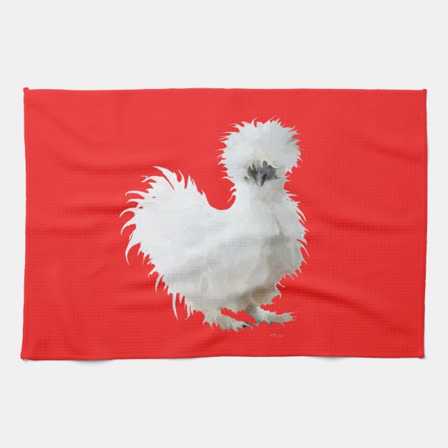 Silkie White Chicken on Red Tea Towel (Horizontal)