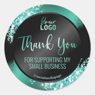 Silky Black Teal Glitter Thank You Logo Classic Round Sticker