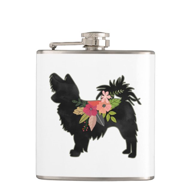 Silky Chihuahua Dog Breed Boho Floral Silhouette Hip Flask (Front)