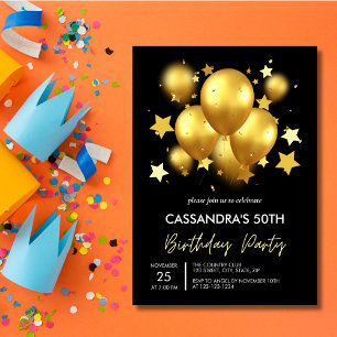 Silky Golden Balloons Stars Black Birthday Invitation