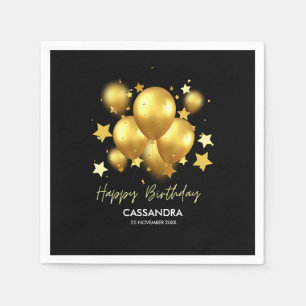 Silky Golden Balloons Stars Black Birthday  Napkin