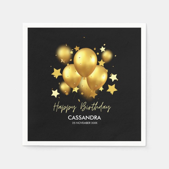 Silky Golden Balloons Stars Black Birthday  Napkin (Front)