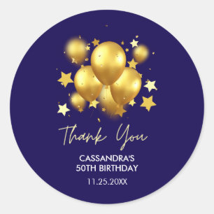 Silky Golden Balloons Stars Navy Birthday  Classic Round Sticker