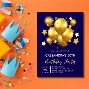 Silky Golden Balloons Stars Navy Birthday  Invitation
