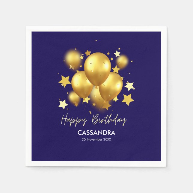 Silky Golden Balloons Stars Navy Birthday Napkin (Front)
