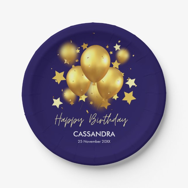 Silky Golden Balloons Stars Navy Birthday Paper Plate (Front)