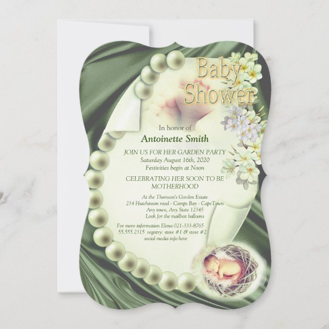 Silky GREEN Pearl Baby Shower Invitation (Front)