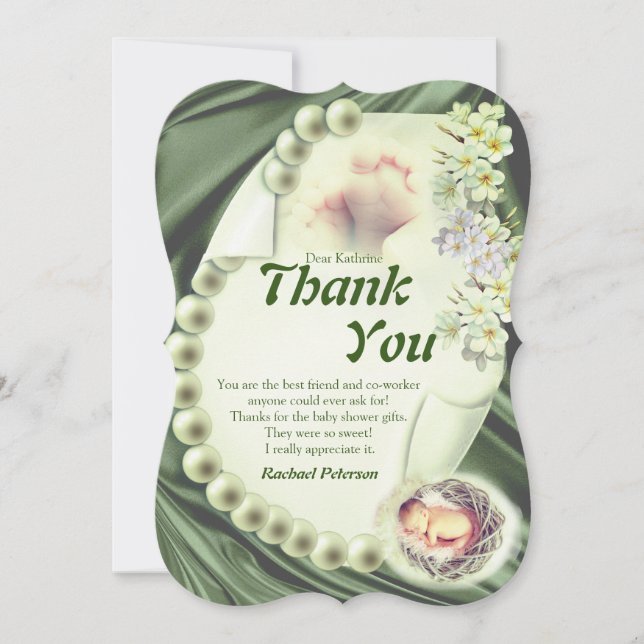 Silky GREEN Pearl Baby Thank You Card (Front)