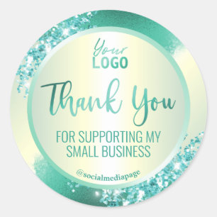 Silky Luminous Teal Glitter Thank You Logo Classic Round Sticker