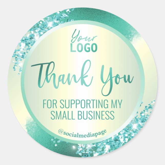 Silky Luminous Teal Glitter Thank You Logo Classic Round Sticker (Front)