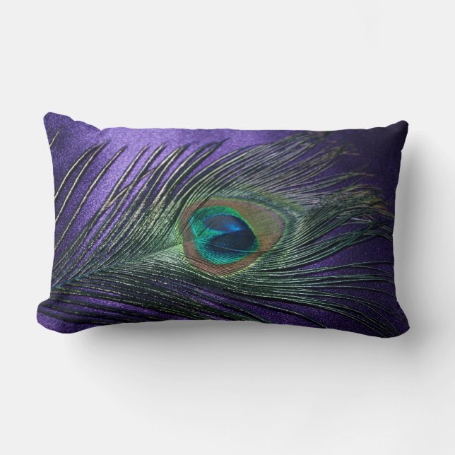 Silky Purple Peacock Feather Lumbar Cushion (Front)