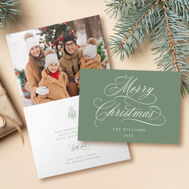 Silky Sage Merry Christmas Script Photo Folded Holiday Card (Front & Inside)
