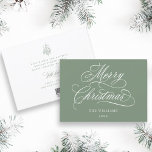 Silky Sage Romantic Merry Christmas Script Flat Holiday Card<br><div class="desc">This simple Christmas flat card features elegant and romantic swirly calligraphy lettering with a winter holly berry bouquet and custom text on the back. For more advanced customisation of this design,  please click the BLUE DESIGN TOOL BUTTON above!</div>