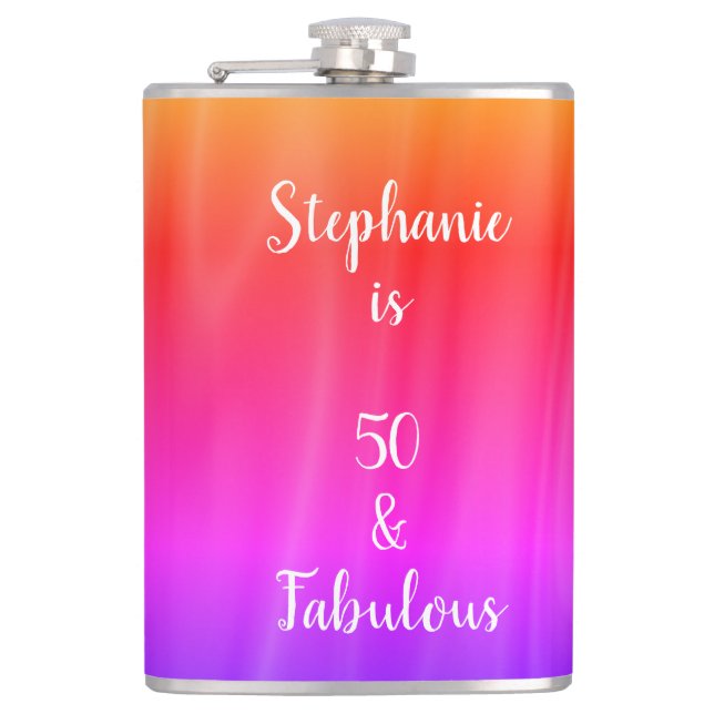 Silky Satin Shiny 50 & Fabulous Pink Purple Ombre Hip Flask (Front)