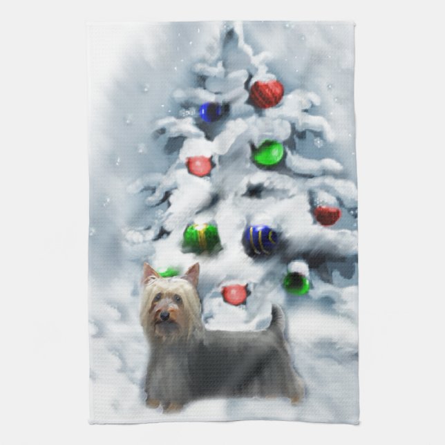 Silky Terrier Christmas Tea Towel (Vertical)